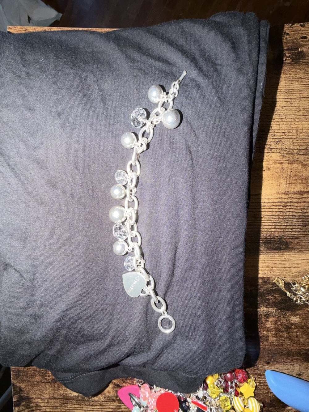 Chicos Silver Tone Ball & Glass Crystal Heart Charm Bracelet